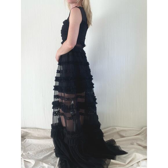 WHOLE 9 YARDS Black Tulle Ruffled Sheer Maxi Formal Gown SMALL - Picture 11 of 12